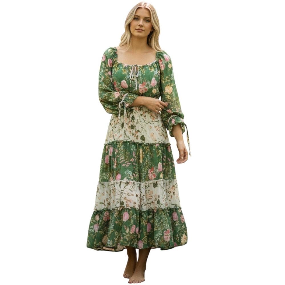 Fig & Flower Womens Dress Size M Floral Maxi Midi Green Tiered Summer